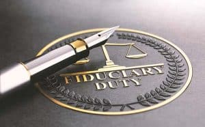 3D illustration of a fountain pen and a golden stamp where it is written the text fiduciary duty.