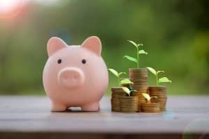 Money coin stack growing graph with piggy bank saving concept. business finance and saving money investment, plant growing up on coin. Balance savings and investment. save retirement for interest idea