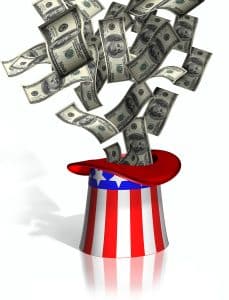 Image of money going into Uncle Sam's upside down hat, representing tax liability