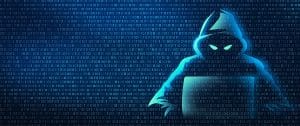 Hacker in binary code digital background. Cyber crime and internet privacy hacking. Network security, Cyber attack, Computer Virus, Ransomware, and Malware Concept. 2D illustration.