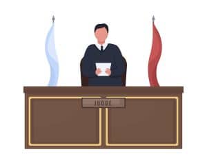 Illustration of judge standing behind podium, flags behind him