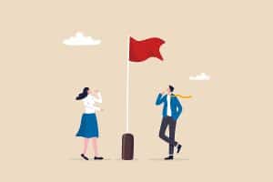 illustration of two people looking up a flagpole at a red flag