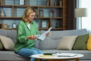 Adult woman on the couch with stacks of paper in front of her on a table