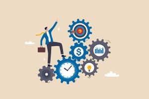 Illustration of a man in a suit walking up gears that work together for effectiveness