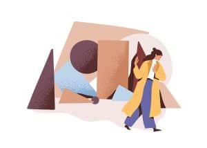 Person ignoring and getting away from troubles. Woman avoid and deny responsibility for life problems, escaping difficulties.