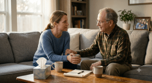 An adult daughter and her aging father having a supportive conversation on a living room sofa. A notepad, pen, and coffee mugs sit on the coffee table in front of them, capturing a gentle moment of family estate planning and discussion.