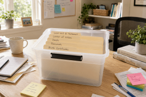 A casual death box sitting on a death in a home office