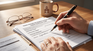picture demonstrating estate planning for teachers with Partially overlapping the main form are close-ups of other folders or tabs. One folder label clearly reads '403(b) Account Election & Beneficiary Update.' Another small tab says 'LIFE INSURANCE BENEFICIARY'