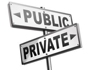 White street intersection sign with Public on one and Private on the other in black print