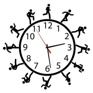 A clock face with silhouettes of a person running around the outside of it.