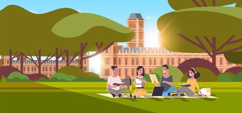 Young Teenage Students Group Sitting On Grass At College Campus