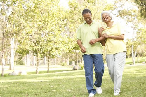 Reduce fall risk. Senior Couple Walking In Park