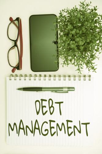 Debt Managment written in pen on an open notebook with glasses, cell phone, and a plant nearby