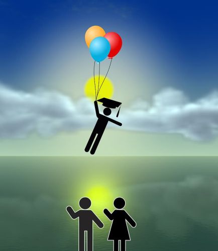 Parent stick figures wave goodbye to graduating stick figure child floating away holding balloons