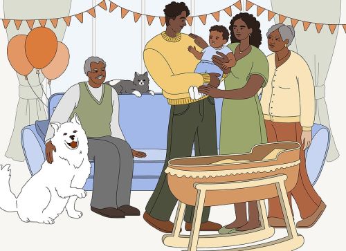 Generational illustration welcoming a new baby home