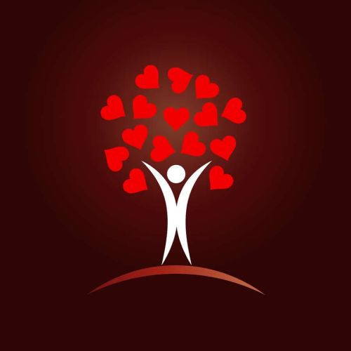 illustrated man throwing several hearts in air -tree shaped