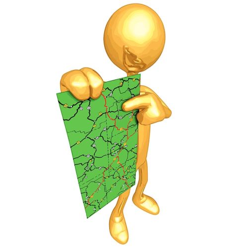 3D gold person holding a road map while pointing to it to show an estate road map