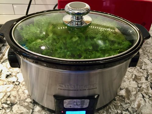 pot of greens cooking in a slow cooker to show pot trust