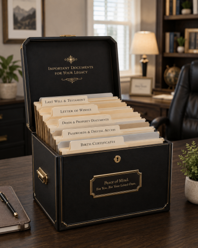 A close-up photograph capturing a high-quality, organized leather legacy binder and an adjacent wooden lockbox, resting on a clean mahogany desk. The scene is bathed in warm, soft, natural light, conveying a peaceful, structured atmosphere.