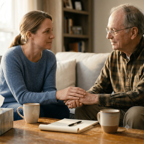 An adult daughter and her aging father having a supportive conversation on a living room sofa. A notepad, pen, and coffee mugs sit on the coffee table in front of them, capturing a gentle moment of family estate planning and discussion.