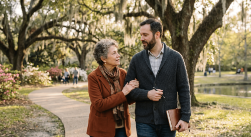 An adult son and his senior mother having a relaxed conversation while sitting on a park bench under large shade trees. The son holds a small leather notebook and pen, illustrating a gentle, low-pressure approach to discussing family plans outdoors.
