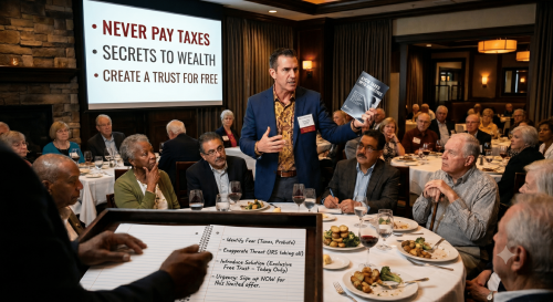 Room full of seniors listening to a scammer talk about no taxes and free trusts over a steak dinner showing avoid estate planning scams