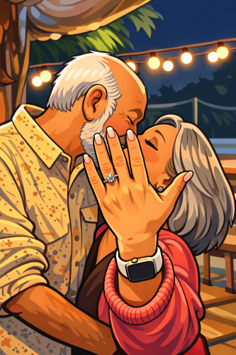 couple kisses after propose, woman is holding her hand out for the camera to see her ring. Ideas surrounding estate planning after remarriage