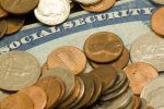 Picture of social security card surrounded by old pennies nickels dimes quarters demonstrating issues with senior poverty