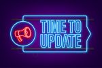 Blue neon sign TIME TO UPDATE; a red megaphone