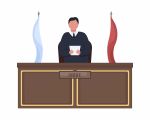 Illustration of judge standing behind podium, flags behind him