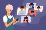 illustration of a parent in a virtual meeting with their children