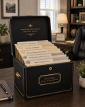 A close-up photograph capturing a high-quality, organized leather legacy binder and an adjacent wooden lockbox, resting on a clean mahogany desk. The scene is bathed in warm, soft, natural light, conveying a peaceful, structured atmosphere.