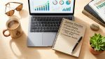 A flat-lay photograph of a teacher's desk during summer break. Bright natural sunlight, a warm cup of coffee, a laptop displaying financial charts, a notebook with a checklist that says 