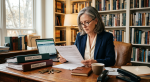 A focused individual in business casual attire sitting at a wooden desk, reviewing a will and legal documents to manage their executor rights and responsibilities next to binders labeled 